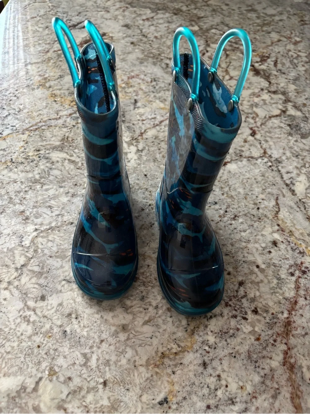 Western Chief Blue Camouflage Kids Rain Boots with Teal Handles